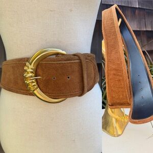 Vintage brown suede leather bold belt gold tone buckle fit 28-31” R.O.C. Express